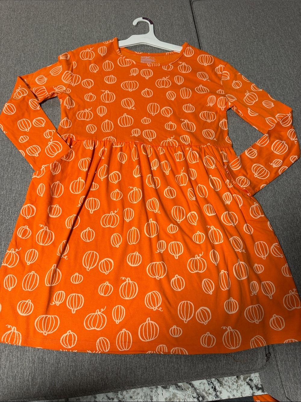 Girls' Orange Pumpkin Print Long-Sleeve Dress